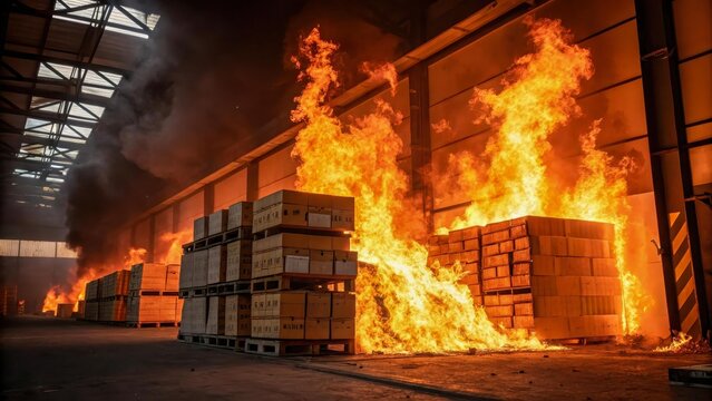 A close-up of a massive fire in a warehouse. Stacks of boxes are engulfed in flames, and smoke and flames fill the frame. A dramatic scene of destruction and risk.