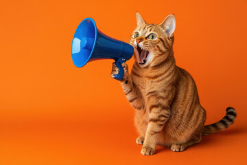 Fototapeta premium Cat wearing a blue megaphone as a hat, perched on a tree branch, looking curious and playful.
