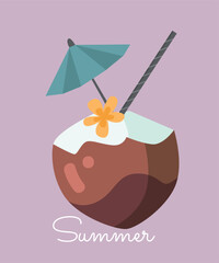 Flat Design Illustration with Coconut Cocktail, Umbrella,Flower,Stick