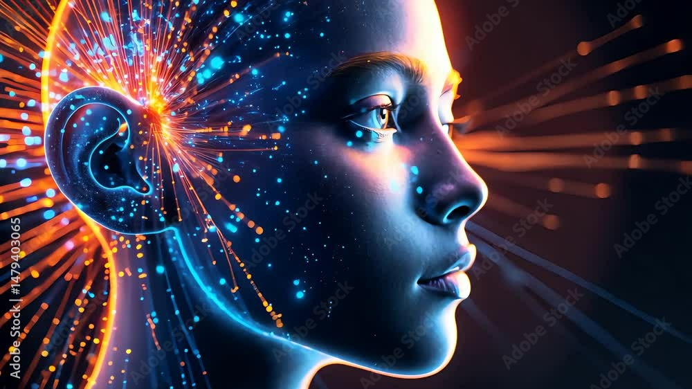 Poster futuristic female face with glowing neural network lines and digital light bursts radiating from hea