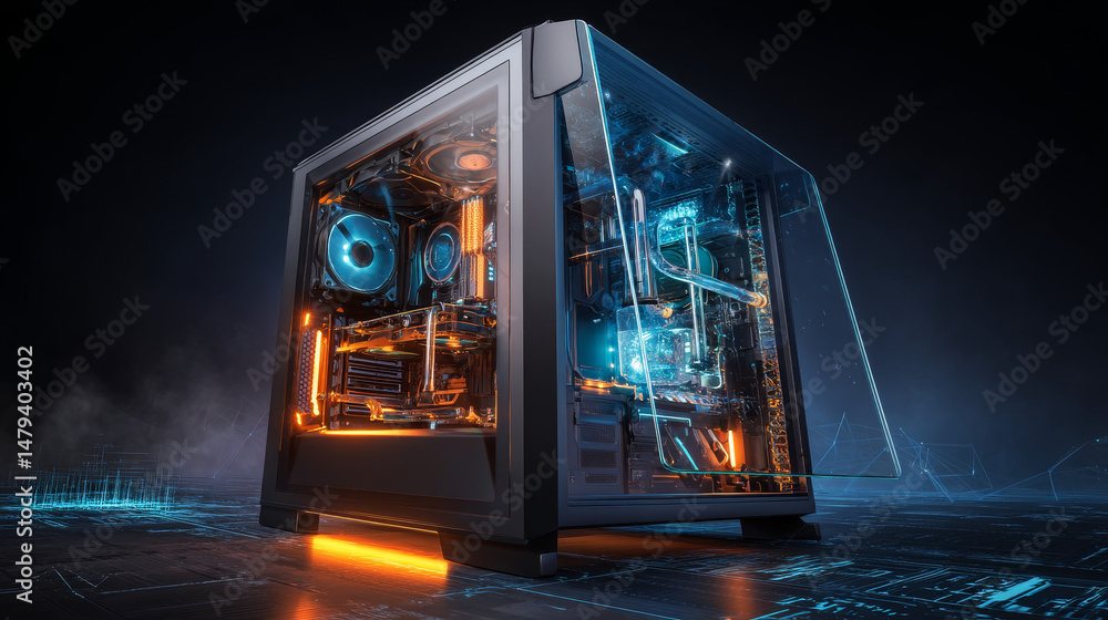 Poster upgrade, repair of desktop computers concept. gaming computer glow in dark table. glowing computer p