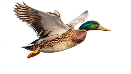Flying Mallard Duck on White Background
