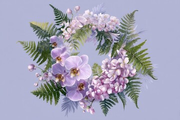 Floral wreath of orchids, lilacs, and ferns in pastel colors.