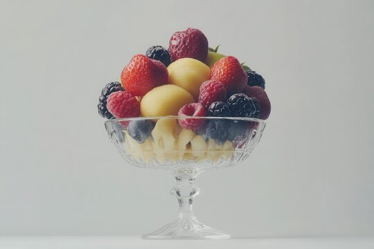 A glass bowl filled with fresh berries and yellow plums