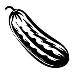 Bold graphic illustration of a cucumber rendered in black and white