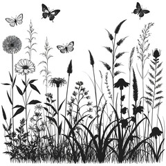 "Black Silhouettes of Grass, Flowers, and Plants &ndash; Hand-Drawn Sketches of Insects and Floral Elements Isolated on White Background for Botanical Art, Nature Prints, and Decorative Design"