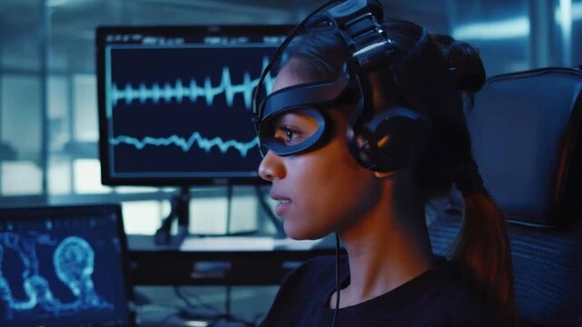 Woman with Neurotechnology Headset: A focused woman wearing a futuristic neurotechnology headset is captured in a dimly lit laboratory setting.
