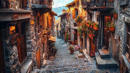 A picturesque hillside village street with stone buildings and flowers.