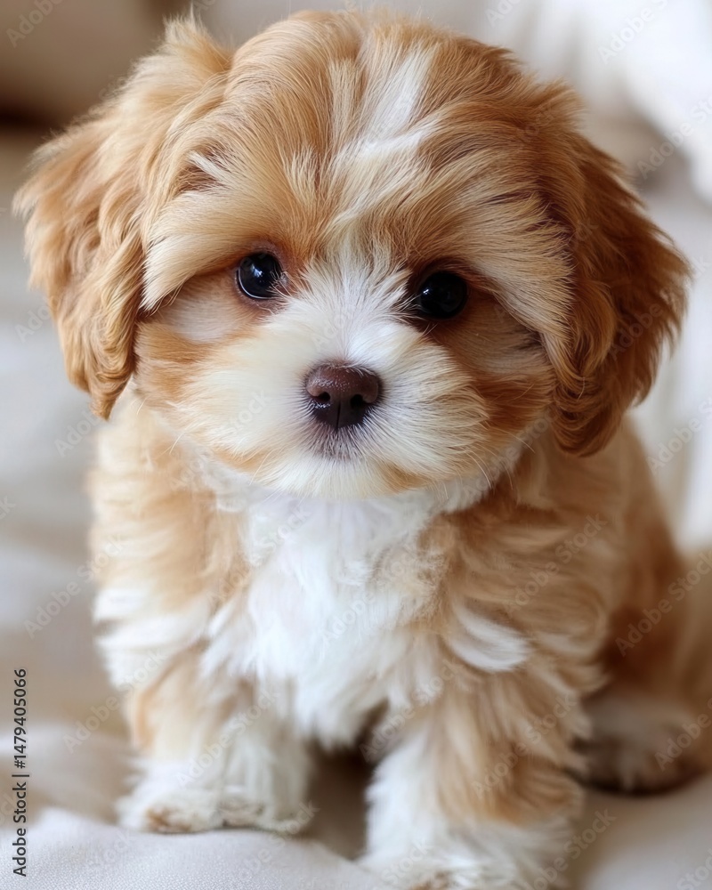 Poster adorable cavapoo puppy sitting and looking at the camera with a sweet expression in a close up shot 