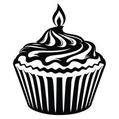 Simple black and white graphic illustration of a delicious cupcake with candle