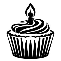Monochrome cupcake with creamy frosting and a single candle flame on top