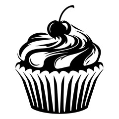 Delicious looking cupcake with a black cherry on top of frosting