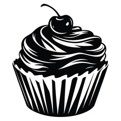 Detailed line art image of a cupcake with a cherry on top