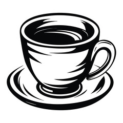 Monochrome illustration of coffee cup with liquid and saucer, stylized black and white