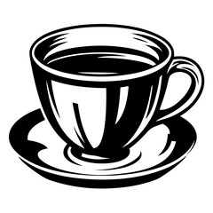Stylized Black and White Coffee Cup Illustration on Saucer Isolated on White
