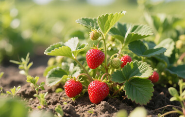 Strawberry plants grow freely in fertile soil, with lush, fresh green leaves. Ripe red strawberries stand out vividly, their tiny seeds clearly visible. The soil is dark brown, loose, and moist, 