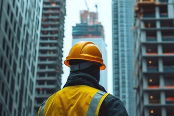 Construction worker wearing safety helmet and vest inspecting building development at construction site