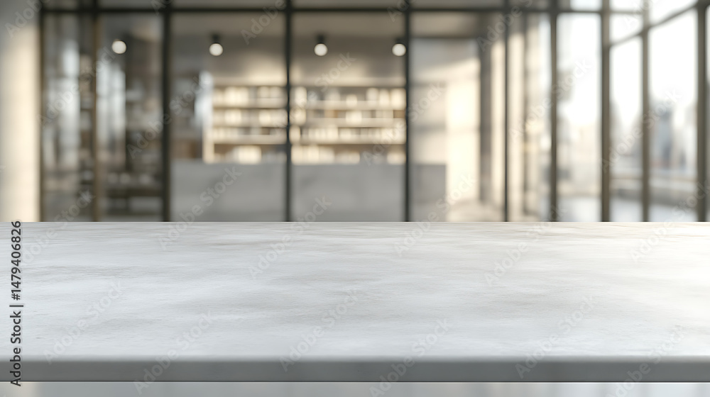 Poster close-up of a gray stone countertop in front of an out-of-focus office space with glass walls and sh
