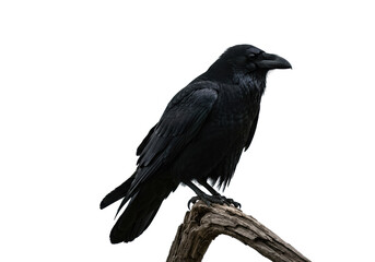 Obraz premium Black raven perched isolated, iconic raven represents wisdom, sleek raven