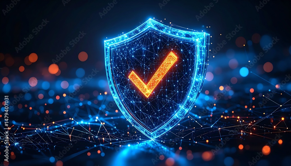 Poster a glowing digital shield with a checkmark symbolizes security and protection in a tech-driven enviro