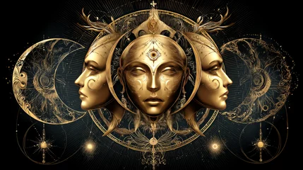 Poster Triple moon pagan Wicca moon goddess symbol. Three-faced Goddess: Maiden – Mother – Crone vector illustration.  Tattoo, astrology, alchemy, boho and magic symbol. Vector illustration in gold.