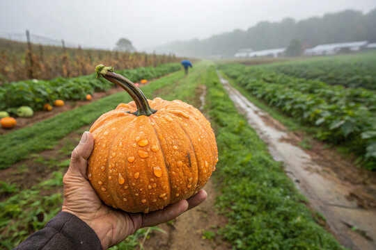 Hand holding freshly harvested pumpkin with dewdrops on it . Organic farming and fresh produce.