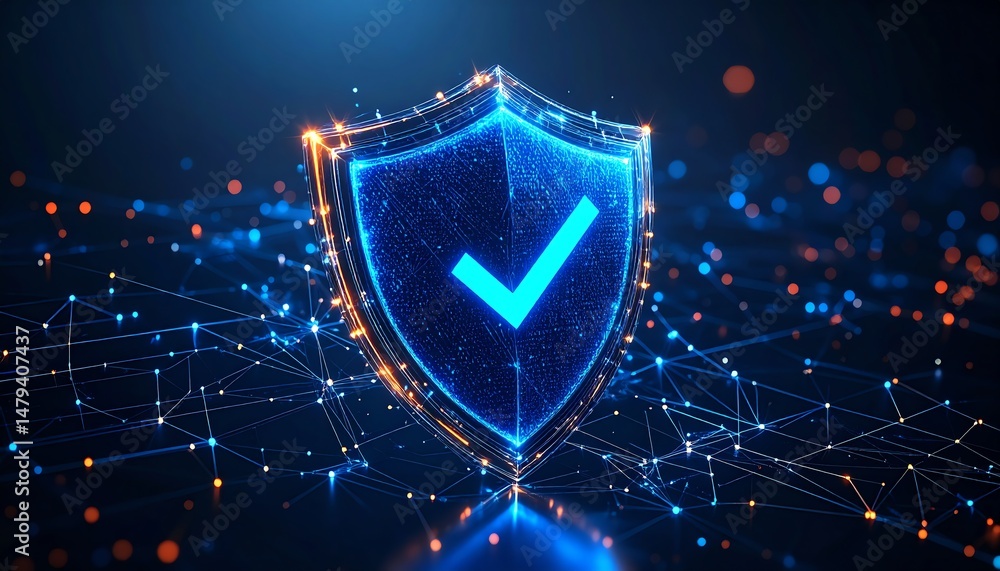 Poster a glowing digital shield with a checkmark, symbolizing security and protection in a high-tech enviro