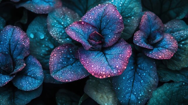 Close-up of vibrant purple and blue bugleweed leaves glistening with water droplets after a rain shower, macro shot