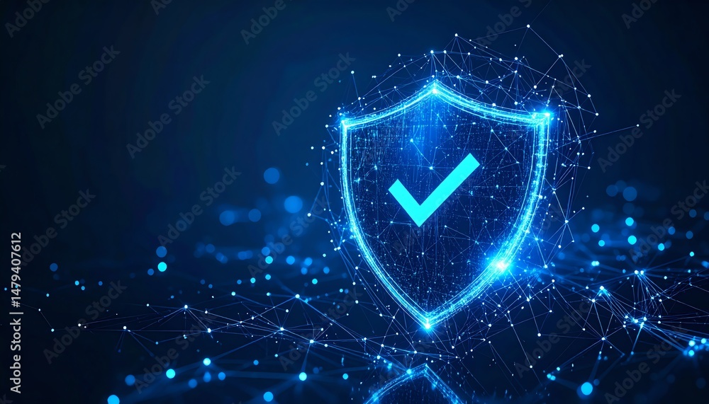 Poster digital shield symbolizing security and protection, surrounded by a network of glowing connections a