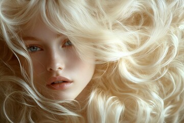 Naklejka premium Blond woman with long, flowing curly hair embodying beauty and hair care, highlighting a vibrant hairstyle and radiant health