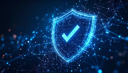 A glowing digital shield with a checkmark, symbolizing security and trust in technology