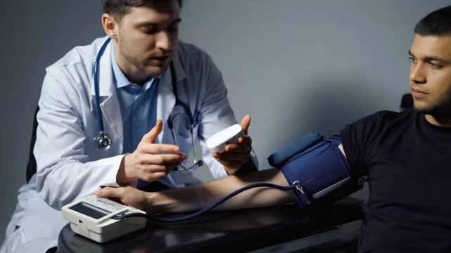 Doctor Checking Blood Pressure: A patient with an apprehensive expression listens attentively to the doctor.
