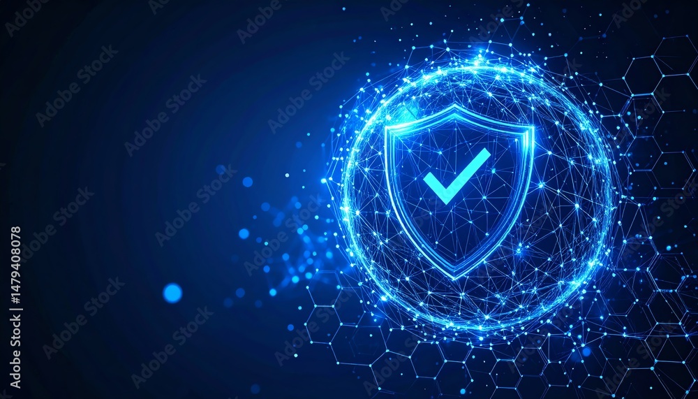 Poster a digital shield symbolizing security and protection, surrounded by glowing hexagonal patterns and b
