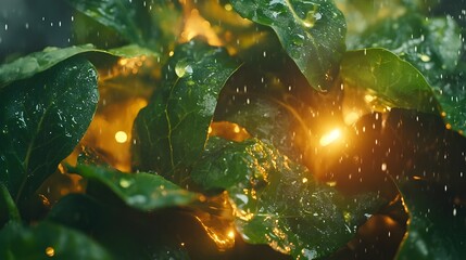 Close-up view of lush greenery in a rain shower.