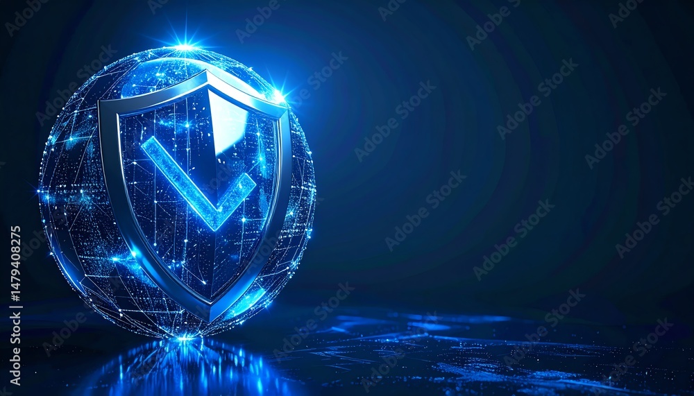 Poster a digital shield symbolizing cybersecurity, surrounded by a glowing network globe, representing prot