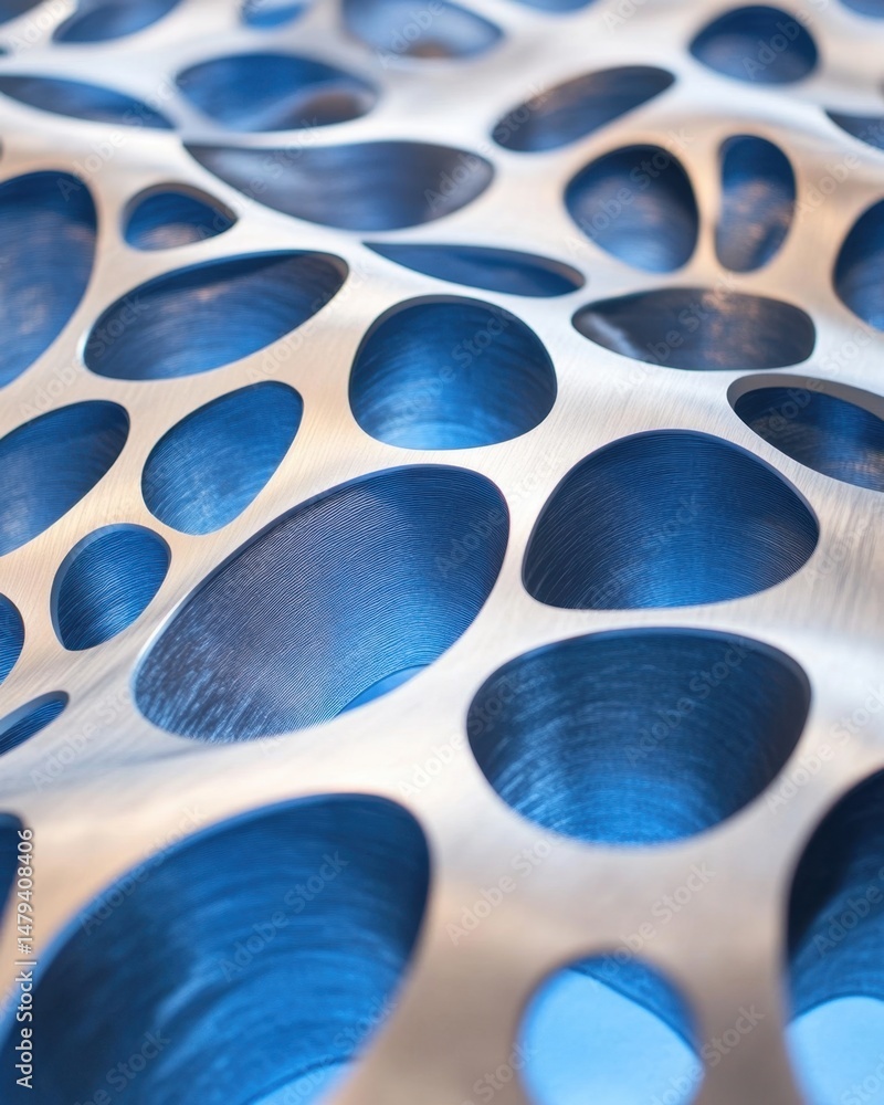 Poster abstract metal surface with perforated holes close up view in studio lighting; metallic texture with