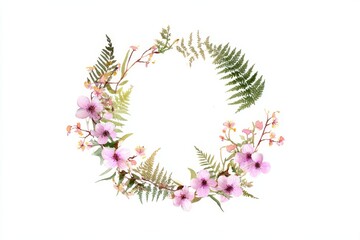 Delicate floral wreath with fern leaves and blossoms.