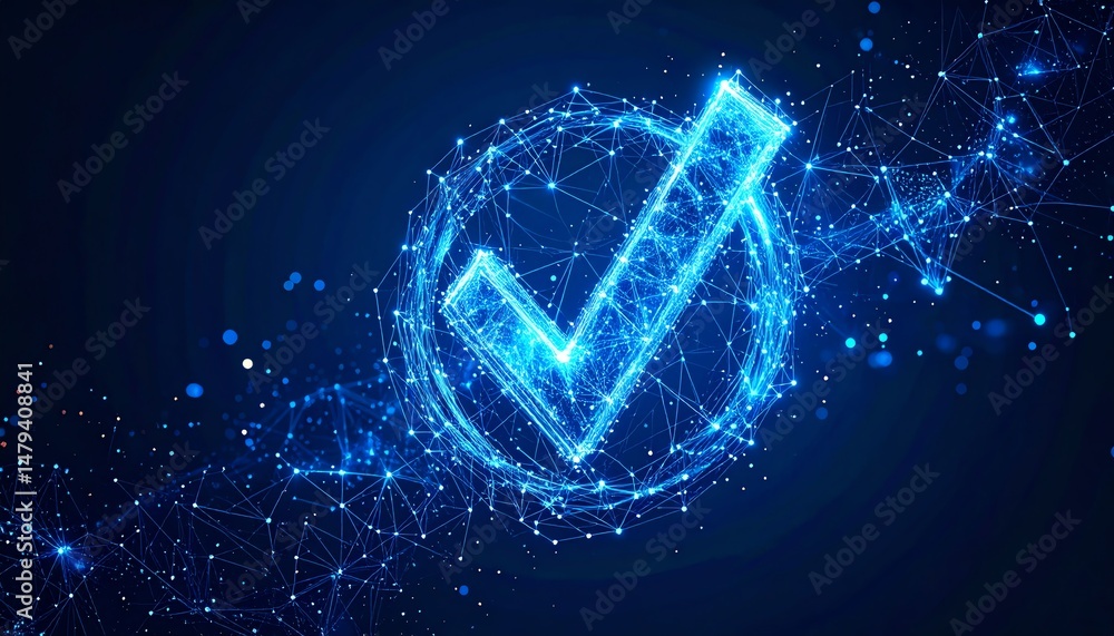 Poster digital representation of a blue check mark composed of glowing particles, symbolizing verification 