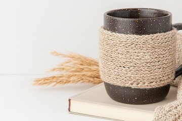 Dark Speckled Mug with Knitted Cozy and Book on White Background