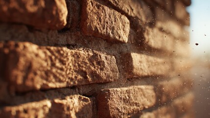 Textured Brick Wall Background with Dust Particles in Sunlight Golden Hour Exterior Brickwork