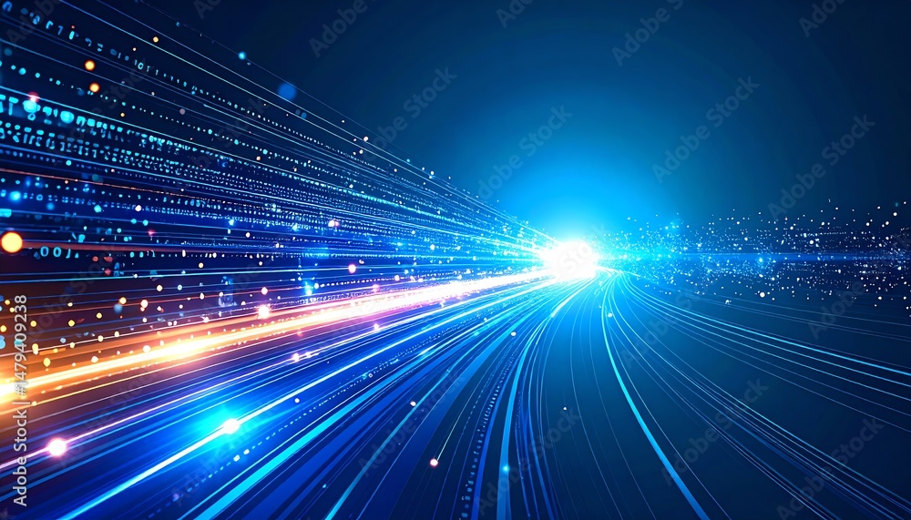 Poster vibrant light trails create a dynamic, futuristic scene, symbolizing speed and technology in a digit