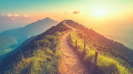 Wide path leading to scenic overlook with camera gear placed to capture sun-drenched peaks