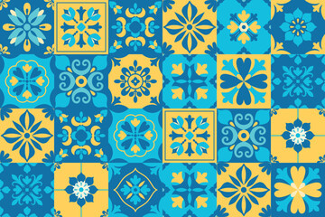 Mediterranean geometric folk pattern. Blue and yellow tiles background. Abstract floral ornament. Italian, Portuguese, Spanish porcelain pottery. Mosaic. Interior design. Vector illustration.