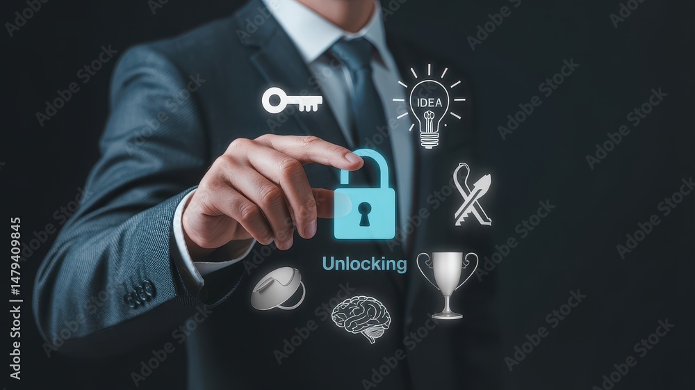 Poster a businessperson interacts with digital icons representing unlocking success.