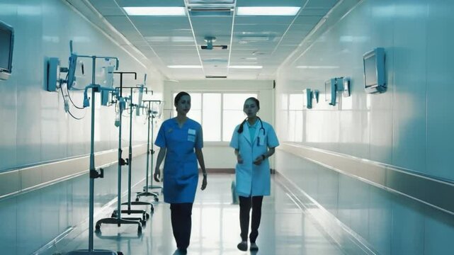 Healthcare Professionals' Hallway Walk: A pair of dedicated healthcare professionals are engaged in an animated discussion as they stroll down a pristine hospital corridor.