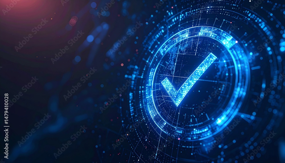 Aufkleber a glowing blue checkmark surrounded by digital elements symbolizes approval and verification in a fu