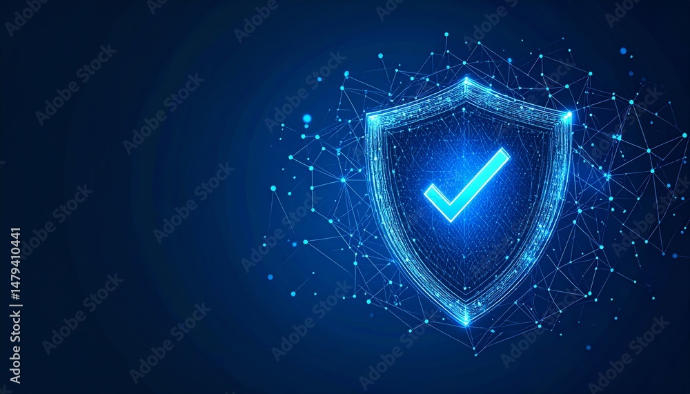 Poster a digital shield icon with a checkmark, representing security and protection in a futuristic, tech-i