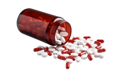 Red and White Pills Spilled from a Bottle Medication Pharmacy Healthcare