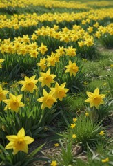 Fototapeta premium Bright yellow daffodils carpet lush green spring meadow, vibrant close-up, nature, flora