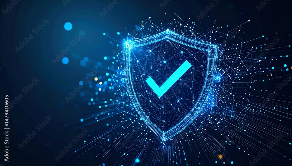 Poster a glowing blue shield with a checkmark, symbolizing security and protection in a digital environment